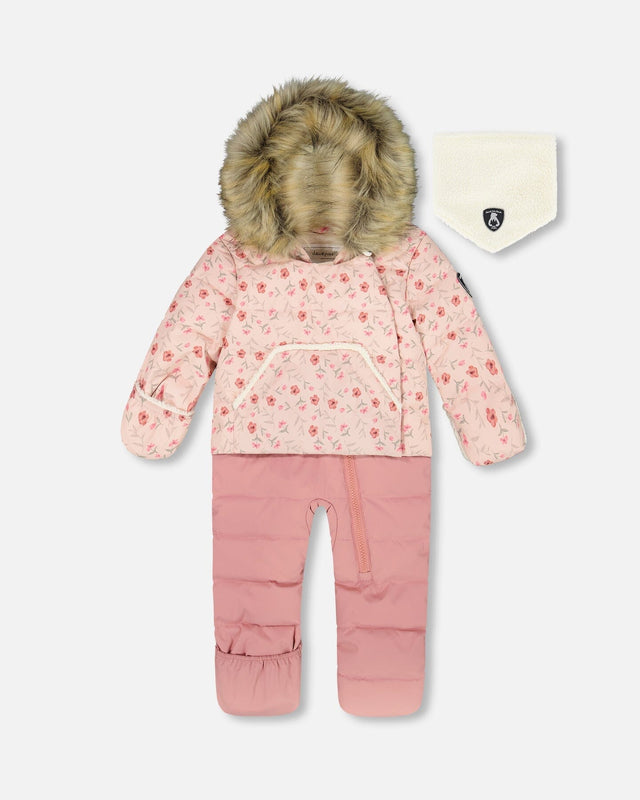 Baby girl snowsuit pink mini flowers one-piece, front view
