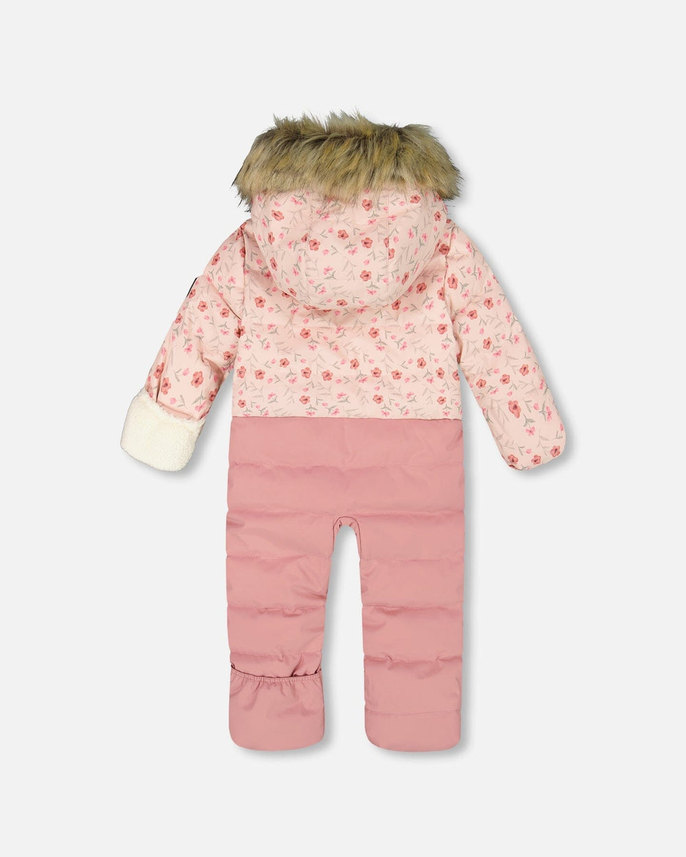 back view of infant bunting pink floral pattern, sherpa hood