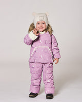 Model in one-piece pram suit purple bear, sherpa-lined hood — limited stock