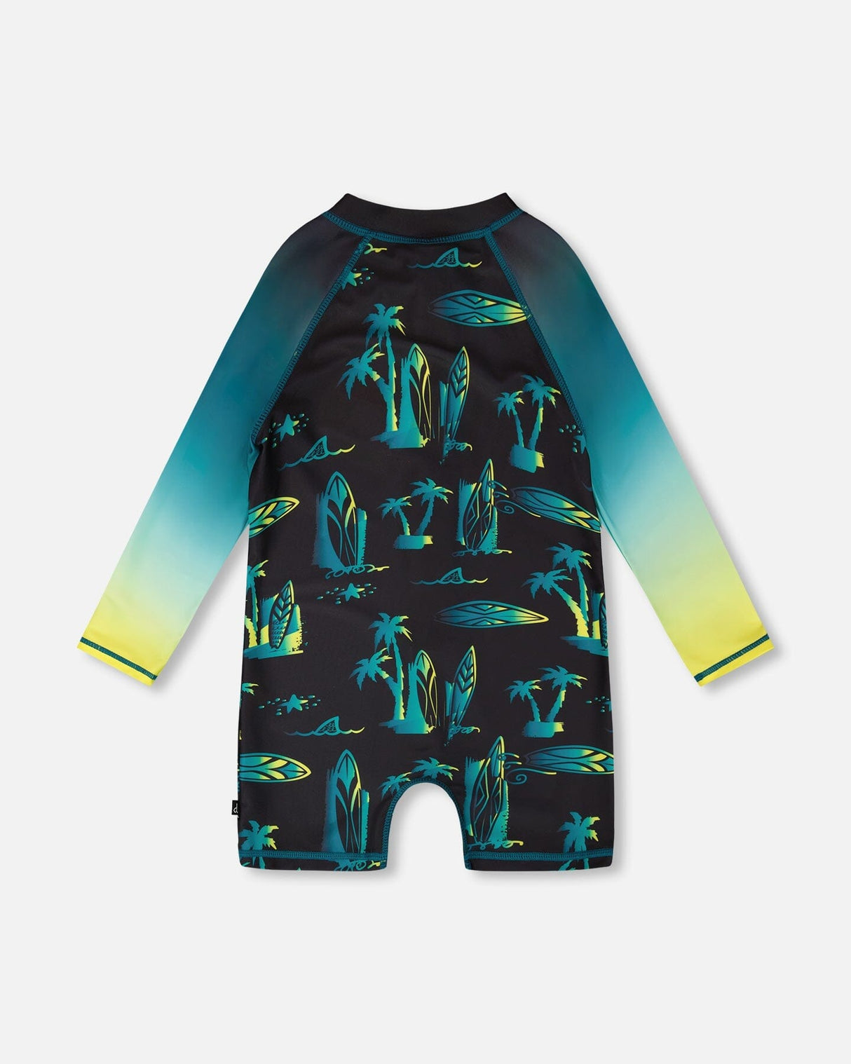 Back view of black surf print long sleeve one-piece rashguard swimsuit for boys