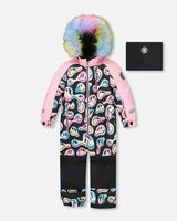 Girls one-piece ski suit — Smiley Face print with pink/black panels, waterproof to −30C.