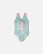 Front flat lay of Deux par Deux girl aqua seahorse one-piece swimsuit with pink straps