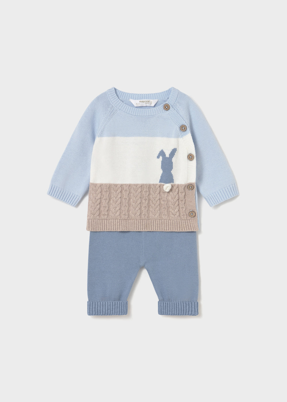 Order Mayoral newborn knit pants and sweatshirt set in blue – front view