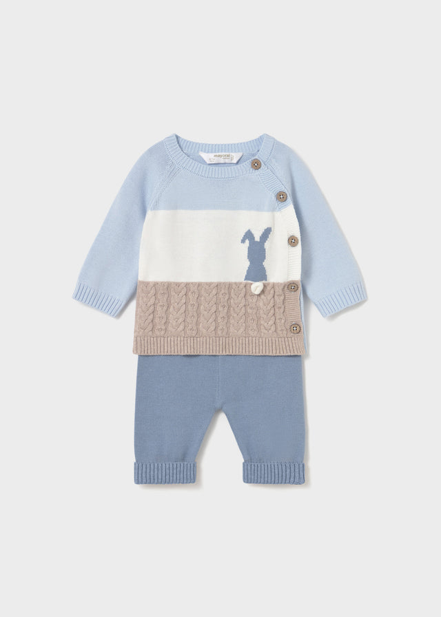 Order Mayoral newborn knit pants and sweatshirt set in blue – front view