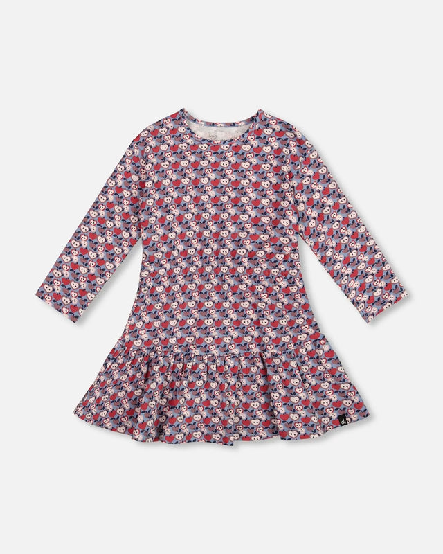 Organic Cotton Dress With Flounce Hem Blue Apple Print | Deux par Deux | Jenni Kidz