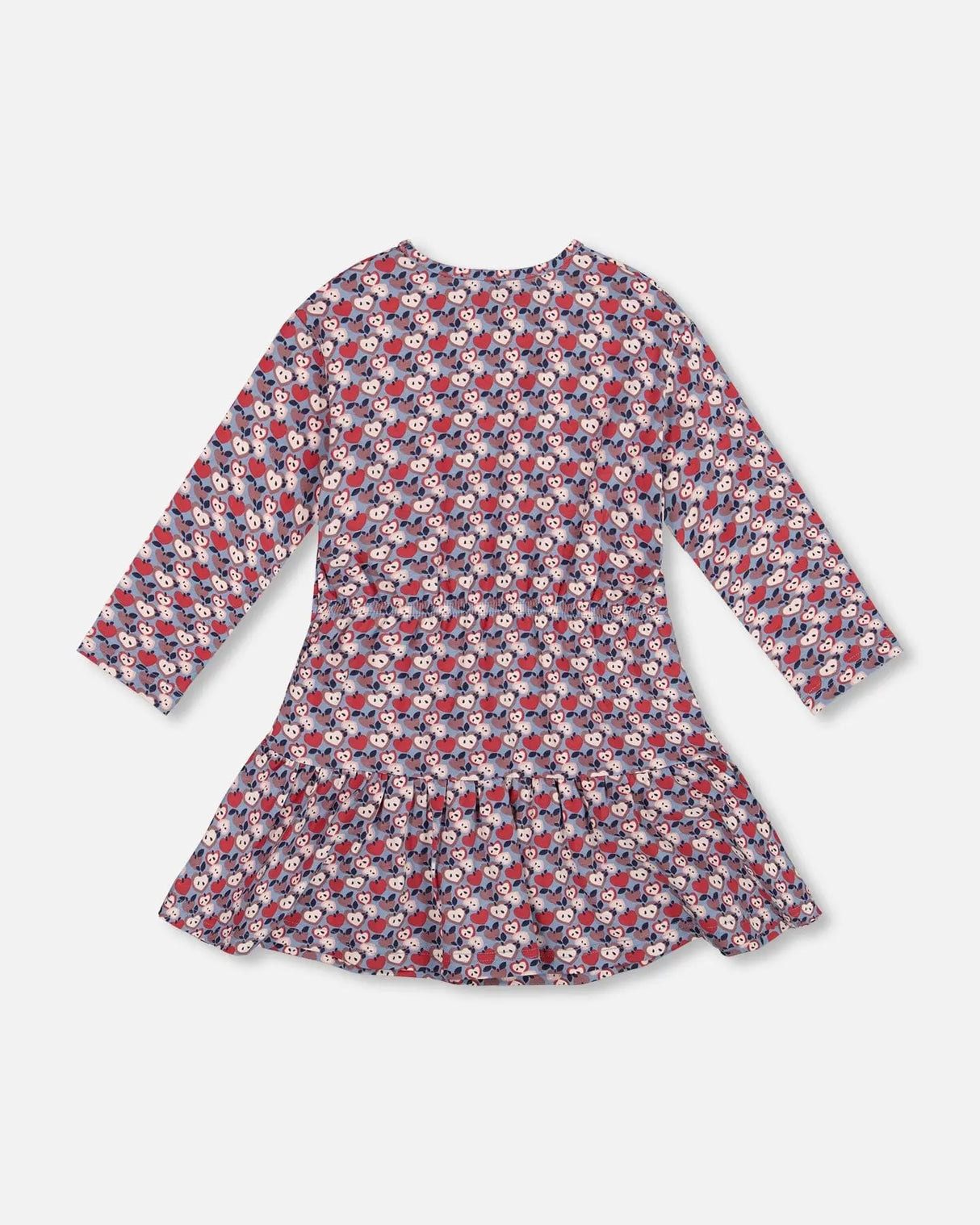 Organic Cotton Dress With Flounce Hem Blue Apple Print | Deux par Deux | Jenni Kidz