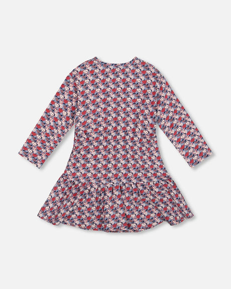 Organic Cotton Dress With Flounce Hem Blue Apple Print | Deux par Deux | Jenni Kidz