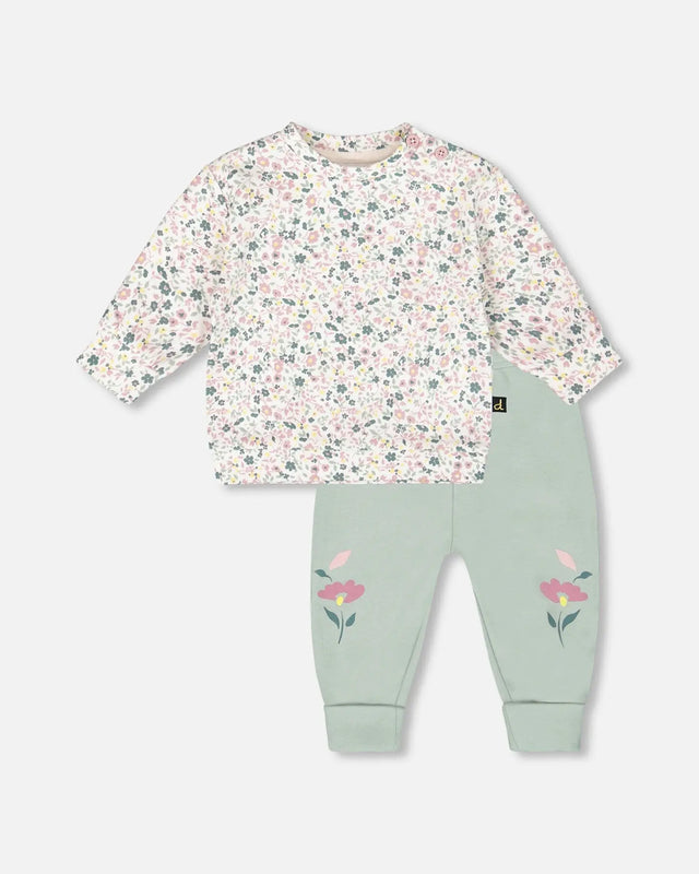 Organic Cotton Evolutive Pant And Long Sleeve Top Set Jade Green | Deux par Deux | Jenni Kidz