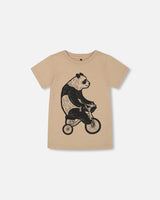 Organic Cotton Graphic Tee Black Panda On Beige Background | Deux par Deux | Jenni Kidz