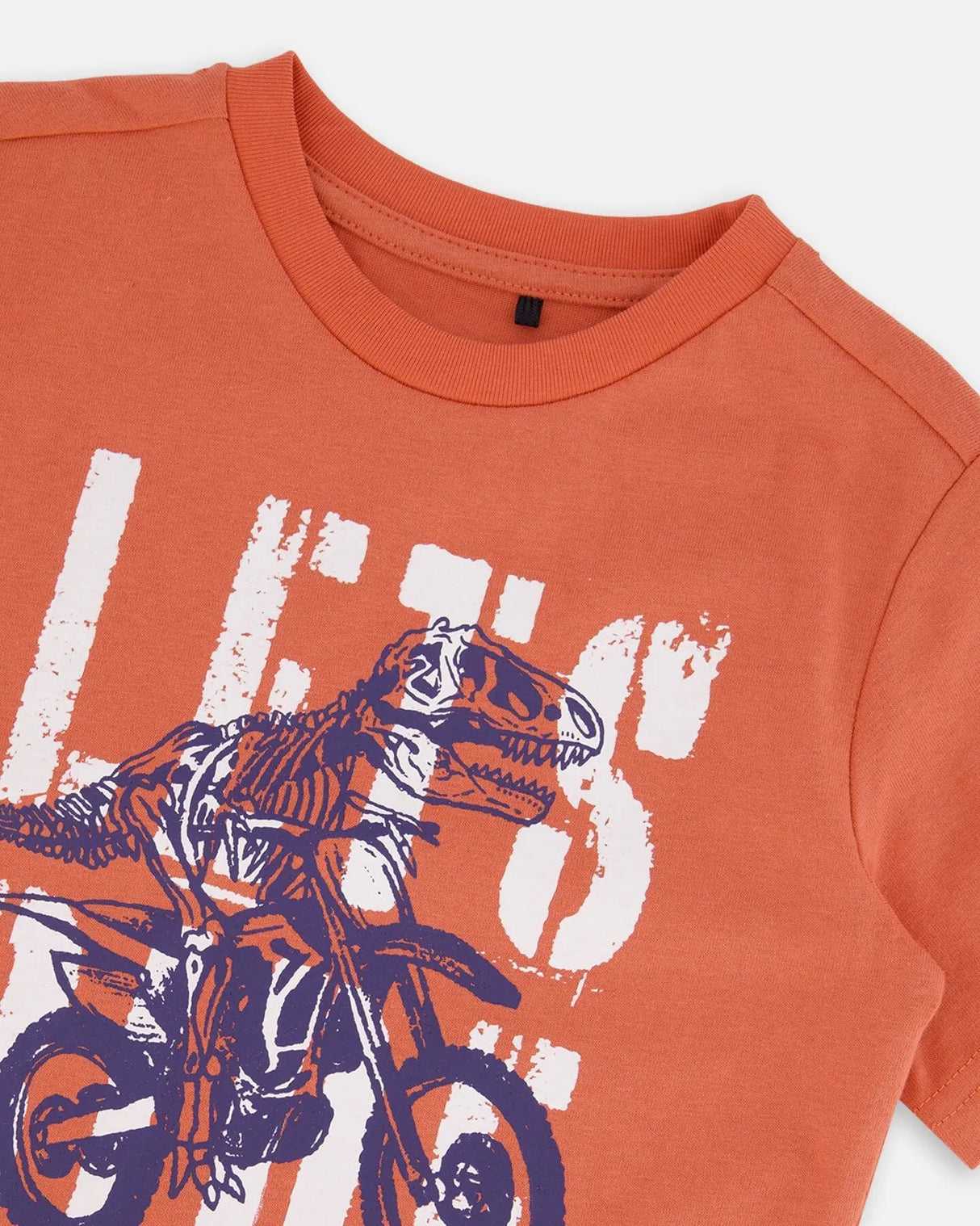 Organic Cotton Graphic Tee Orange And Navy Dino | Deux par Deux | Jenni Kidz