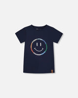 Organic Cotton Graphic Tee Smiling Navy Blue | Deux par Deux | Jenni Kidz