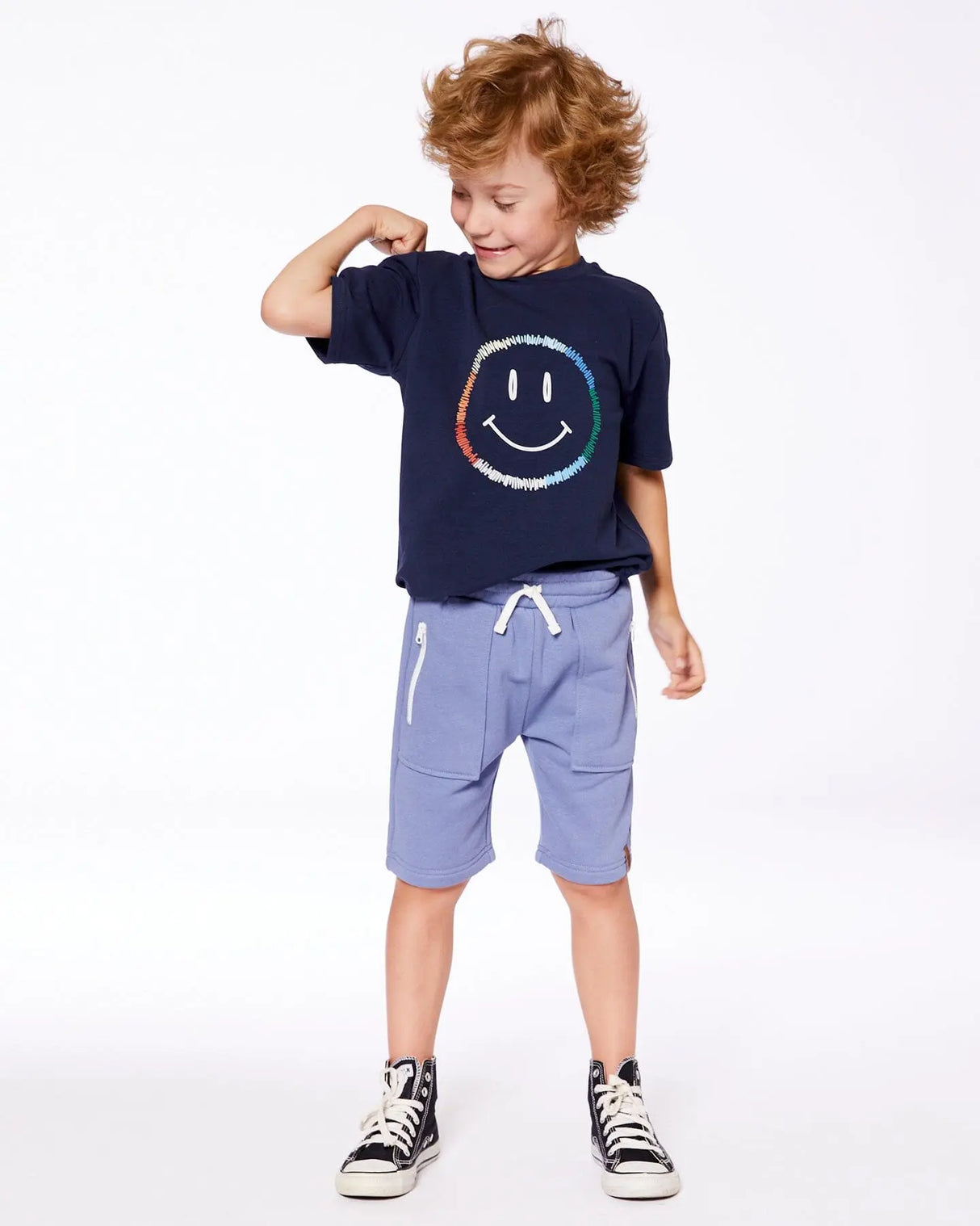 Organic Cotton Graphic Tee Smiling Navy Blue | Deux par Deux | Jenni Kidz