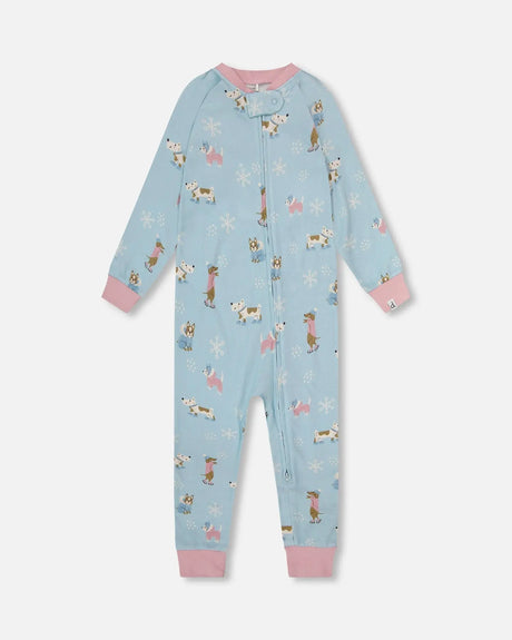 Organic Cotton Interlock One-Piece Pajama Blue Dog Print | Deux par Deux | Jenni Kidz