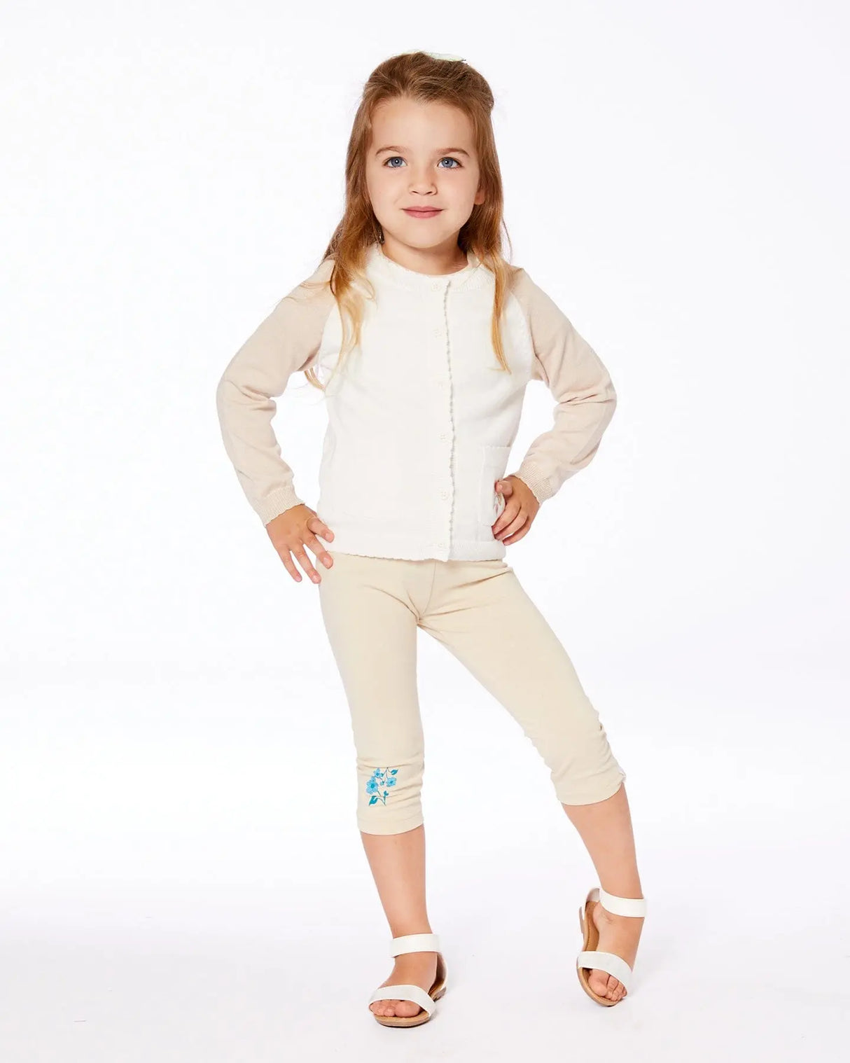 Organic Cotton Legging Beige With Blue Flowers | Deux par Deux | Jenni Kidz