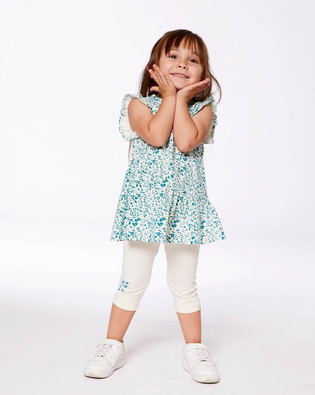 Organic Cotton Legging Cream With Blue Flowers | Deux par Deux | Jenni Kidz