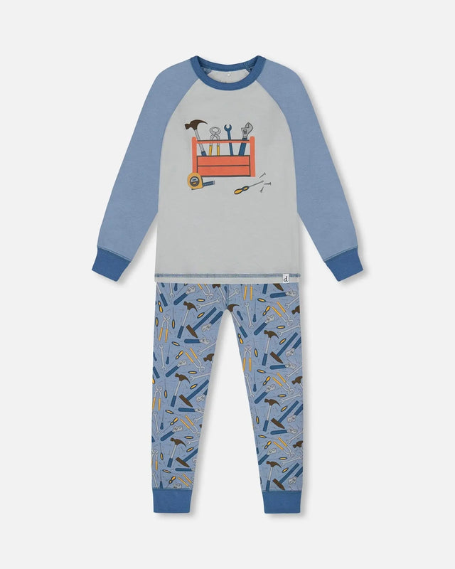 Organic Cotton Long Sleeve Top And Pants Two-Piece Pajama Set Tools On Bluish Gray Background | Deux par Deux | Jenni Kidz