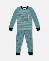 Organic Cotton Long Sleeve Two Piece Pajama Set Teal With Mechanical Dinosaurs Print | Deux par Deux | Jenni Kidz