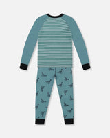 Organic Cotton Long Sleeve Two Piece Pajama Set Teal With Mechanical Dinosaurs Print | Deux par Deux | Jenni Kidz