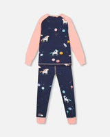 Organic Cotton Long Sleeve Two Piece Printed Unicorns Pajama Navy | Deux par Deux | Jenni Kidz