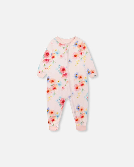 Organic Cotton One Piece Pajama Light Pink Printed Flowers | Deux par Deux | Jenni Kidz
