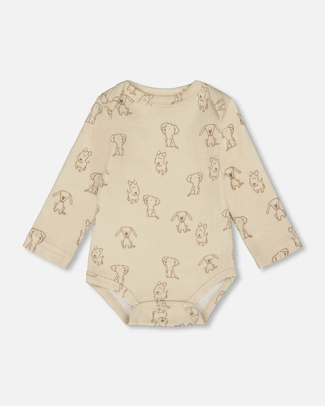 Organic Cotton Onesie Beige Puppy Print | Deux par Deux | Jenni Kidz