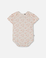 Organic Cotton Pointelle Onesie Printed White And Pink Flowers | Deux par Deux | Jenni Kidz