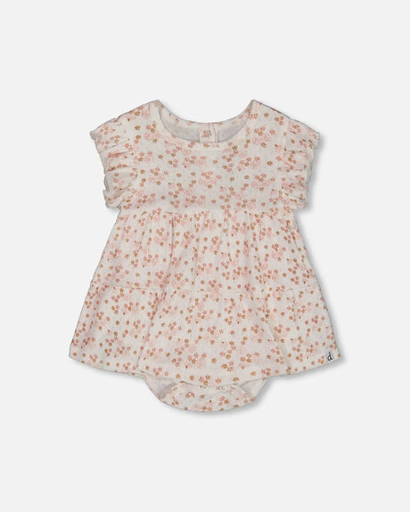 Organic Cotton Pointelle Romper Printed White And Pink Flowers | Deux par Deux | Jenni Kidz