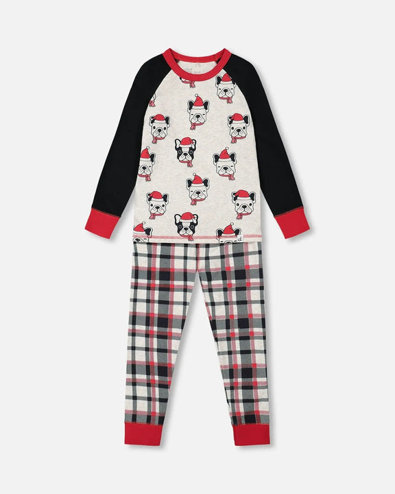 Organic Cotton Printed Dogs Two Piece Boys Pajama Set Oatmeal Mix