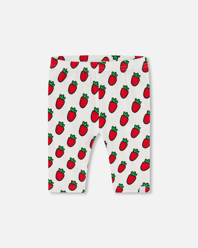 Organic Cotton Short Leggings White Printed Pop Strawberry | Deux par Deux | Jenni Kidz