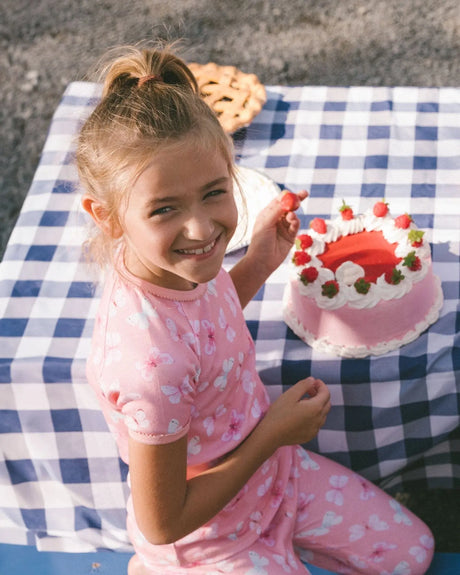 Organic Cotton Short Sleeve Top And Pant Pajama Set Pink And Blue Butterflies On Old Pink | Deux par Deux | Jenni Kidz