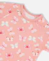 Organic Cotton Short Sleeve Top And Pant Pajama Set Pink And Blue Butterflies On Old Pink | Deux par Deux | Jenni Kidz