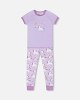 Organic Cotton Short Sleeve Top And Pant Pajama Set White Unicorn On Mauve | Deux par Deux | Jenni Kidz