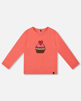 Organic Cotton T-Shirt Coral With Cupcake | Deux par Deux | Jenni Kidz