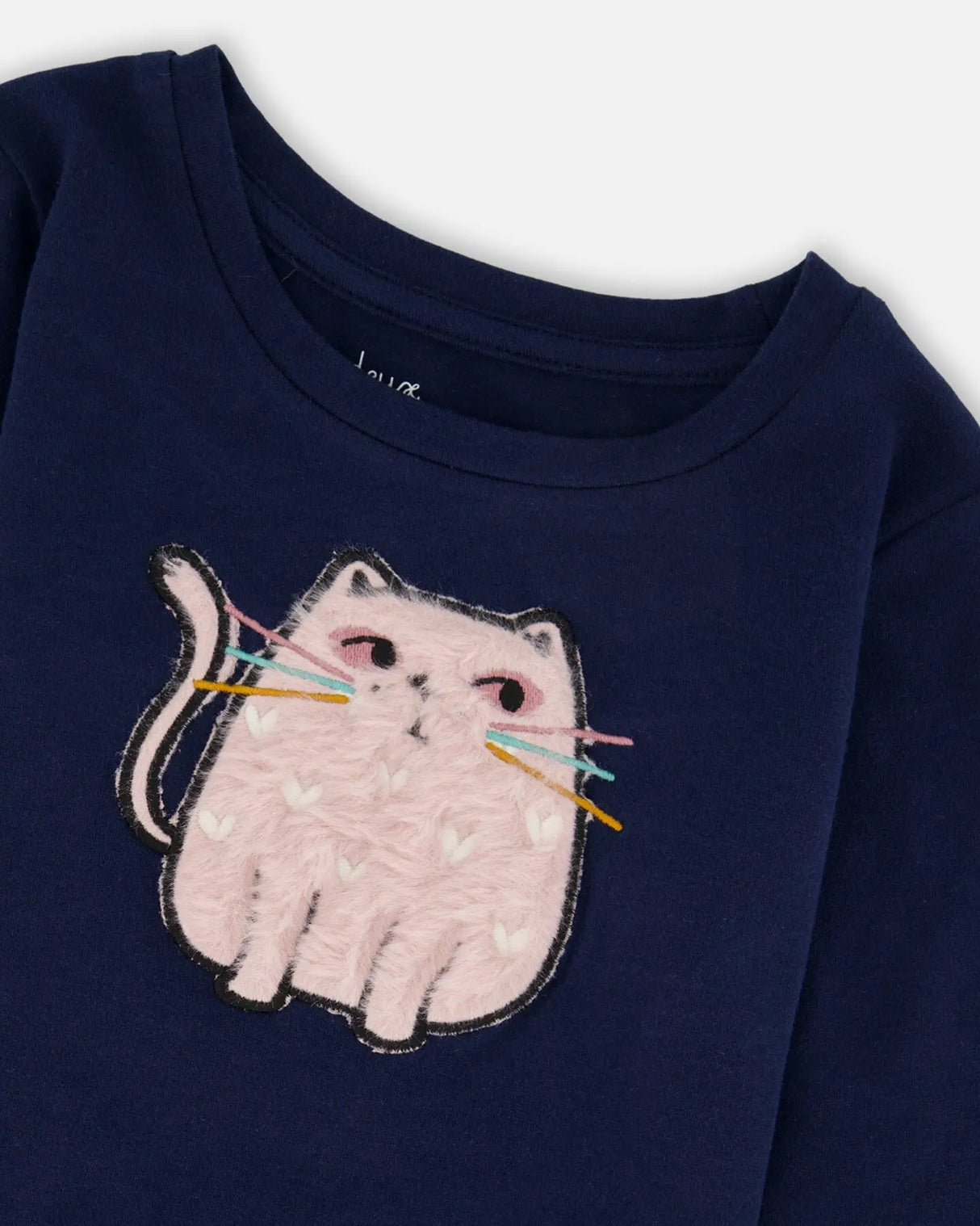 Organic Cotton T-Shirt Dark Blue With Cat | Deux par Deux | Jenni Kidz
