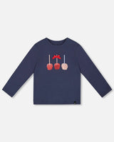 Organic Cotton T-Shirt Navy Blue With Apple Treats | Deux par Deux | Jenni Kidz