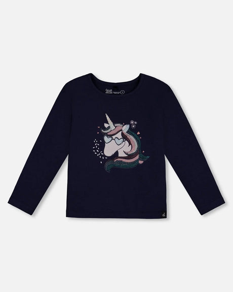 Organic Cotton T-Shirt With Print Navy | Deux par Deux | Jenni Kidz