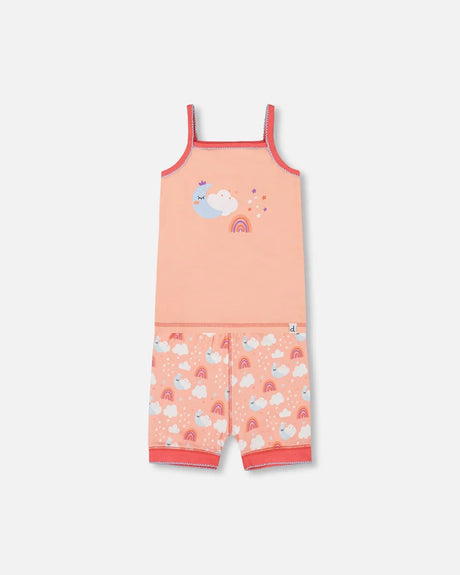 Organic Cotton Tank Top And Shorts Pajama Set Rainbow On Light Coral | Deux par Deux | Jenni Kidz