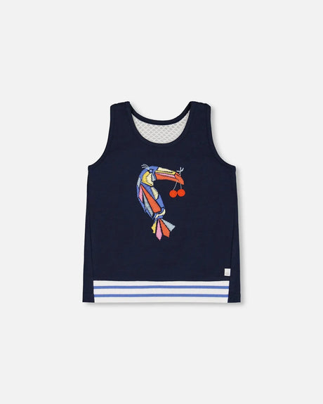 Organic Cotton Tank Top Navy Blue And Toucan | Deux par Deux | Jenni Kidz