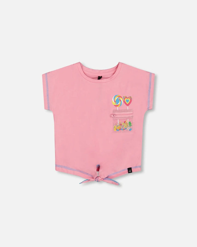 Organic Cotton Tee With Print And Knot Candy Pink | Deux par Deux | Jenni Kidz