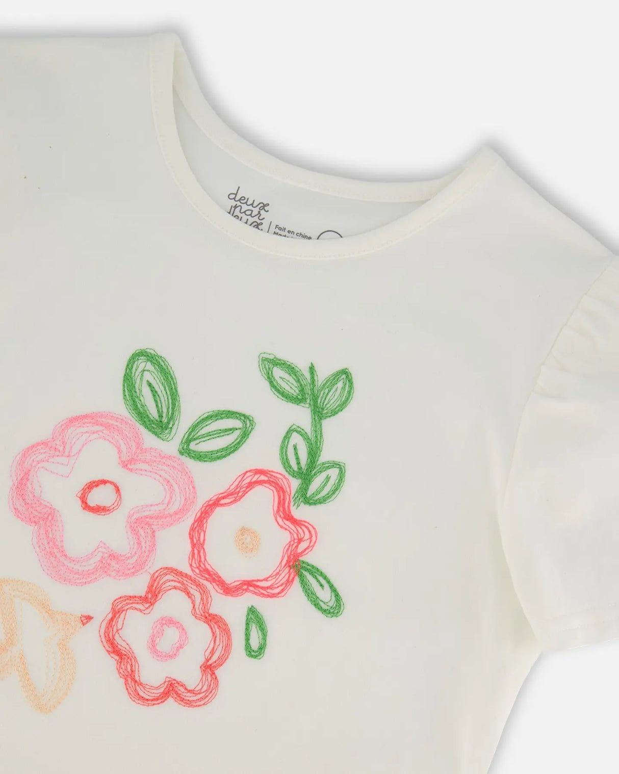 Organic Cotton Tee With Puff Sleeve Pink Flower On White Background | Deux par Deux | Jenni Kidz