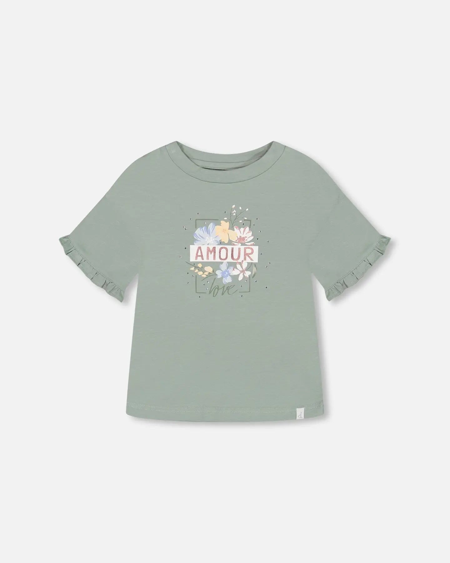 Buy Organic Cotton Girls Top With Print And Frills Olive Green