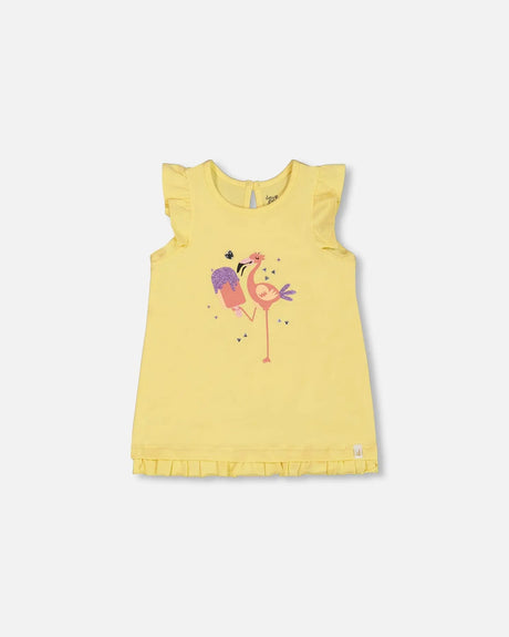 Organic Cotton Tunic With Frill And Print Yellow And Flamingo | Deux par Deux | Jenni Kidz