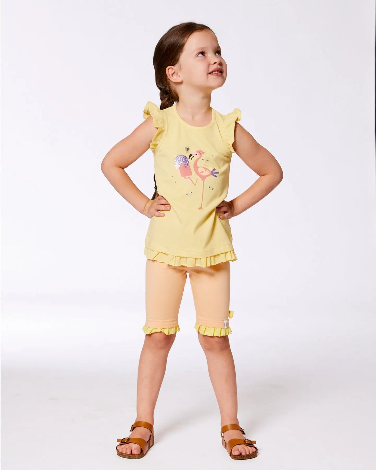 Organic Cotton Tunic With Frill And Print Yellow And Flamingo | Deux par Deux | Jenni Kidz