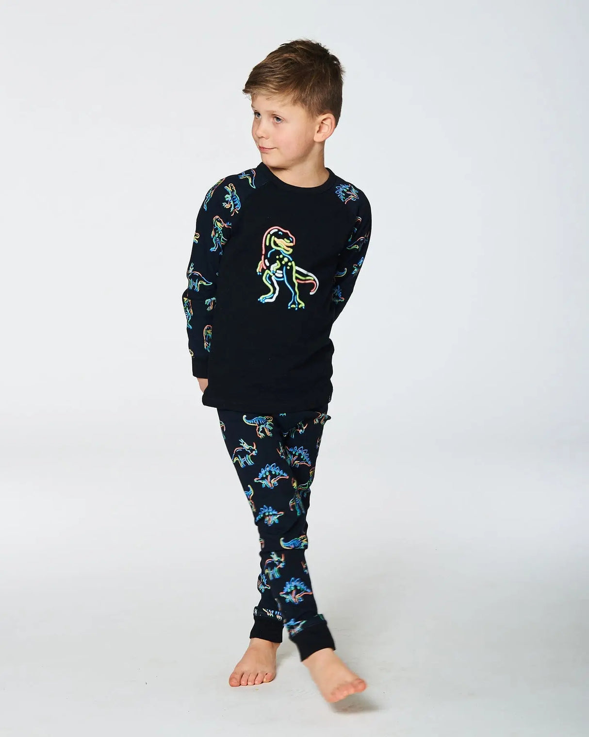 Organic Cotton Two Piece Pajama Set Black Printed Neon Dino | Deux par Deux | Jenni Kidz