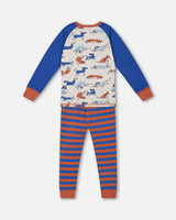 Organic Cotton Two Piece Pajama Set Blue And Orange Stripe | Deux par Deux | Jenni Kidz