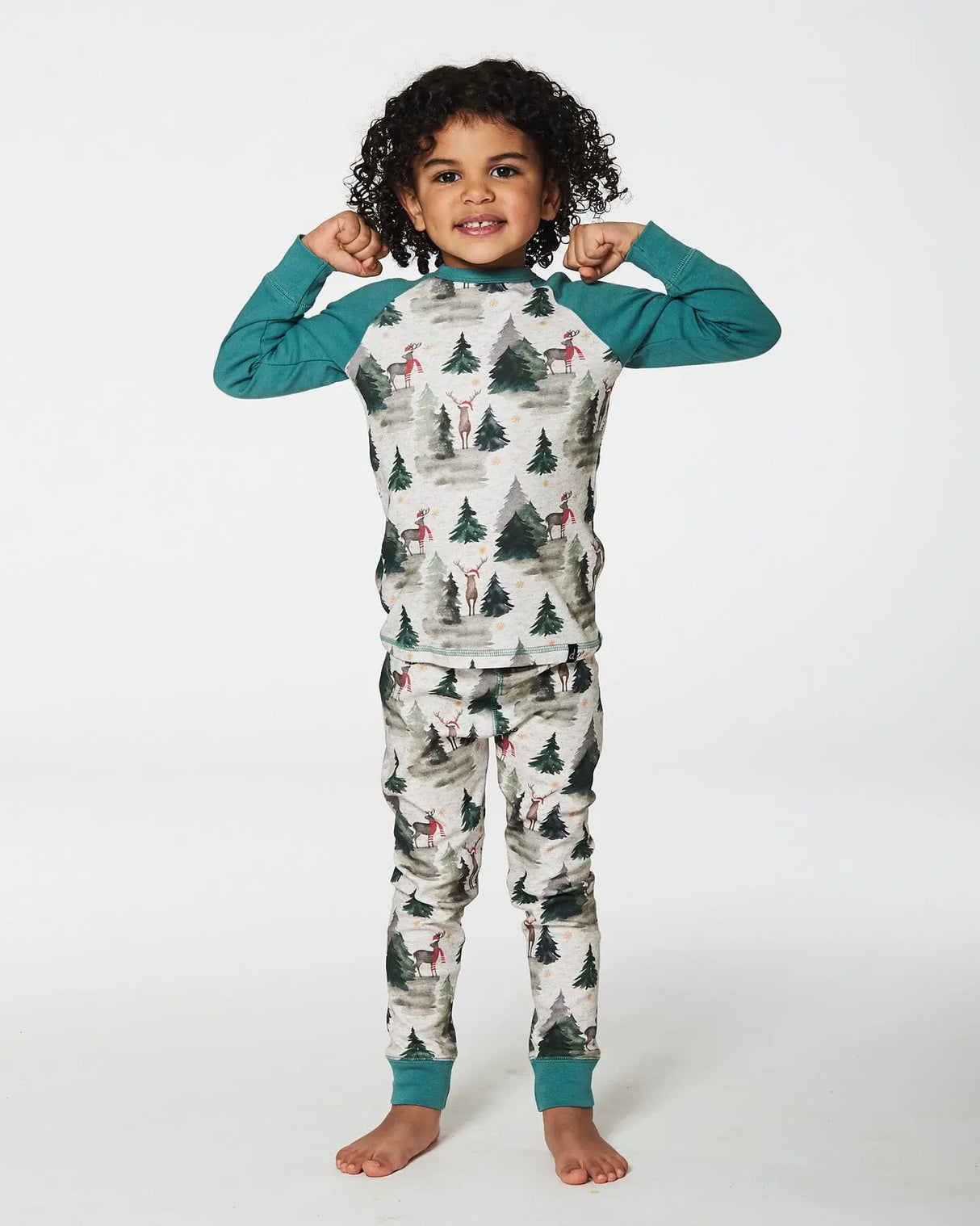 Organic Cotton Two Piece Pajama Set Gray Mix And Green Printed Reindeer | Deux par Deux | Jenni Kidz