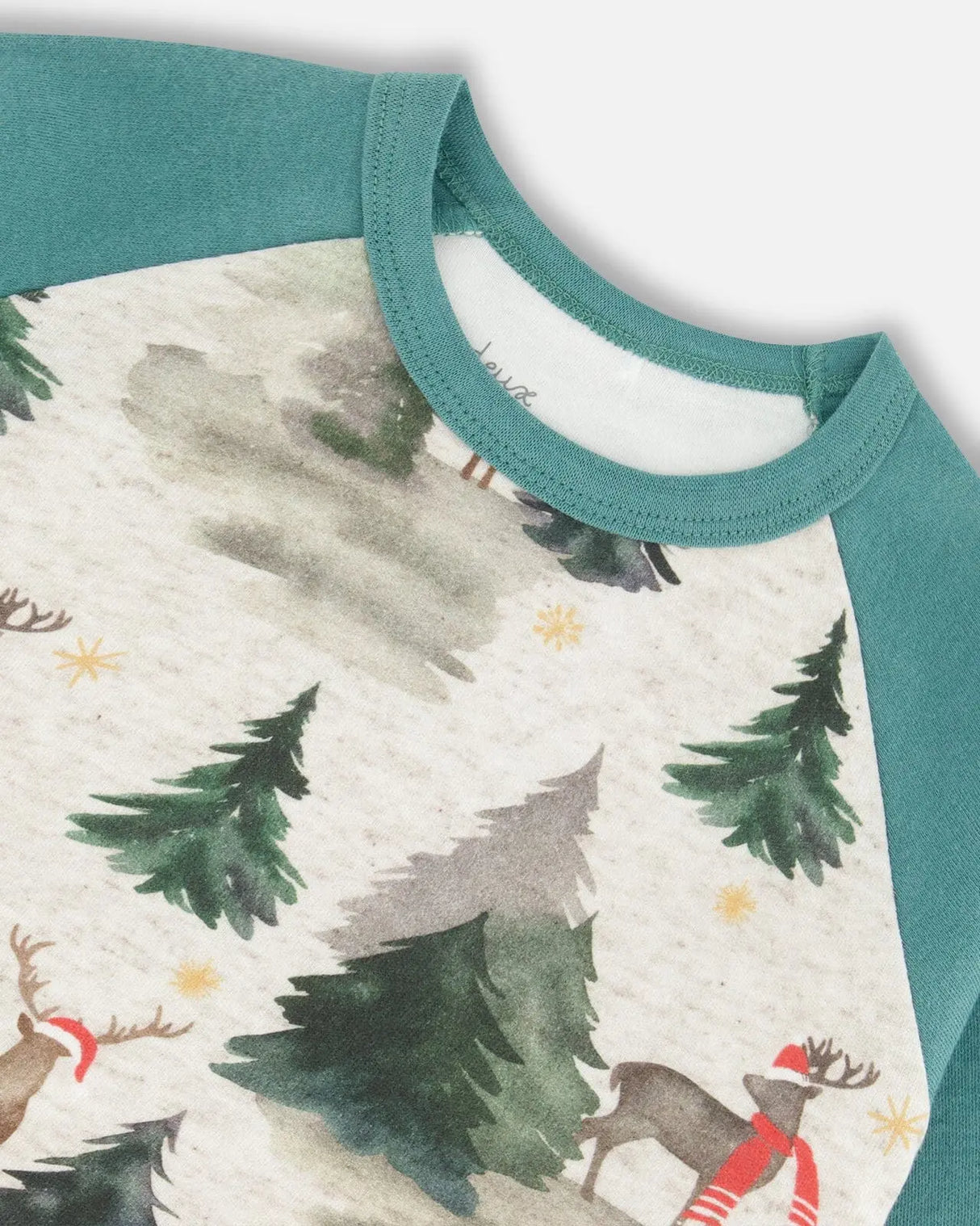 Organic Cotton Two Piece Pajama Set Gray Mix And Green Printed Reindeer | Deux par Deux | Jenni Kidz