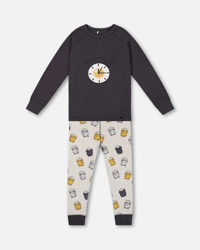 Organic Cotton Two Piece Pajama Set Gray Printed Egg-O-Clock | Deux par Deux | Jenni Kidz