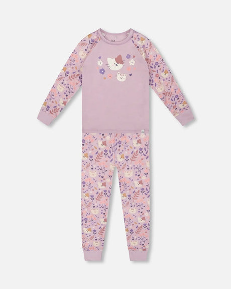 Organic Cotton Two-Piece Pajamas Lilac Cat Print | Deux par Deux | Jenni Kidz