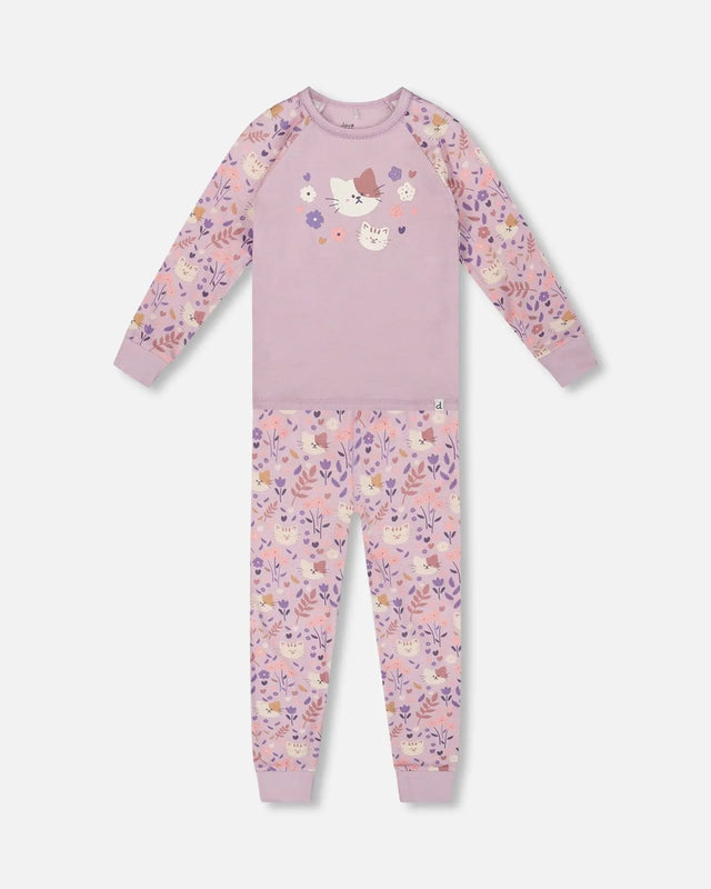 Organic Cotton Two-Piece Pajamas Lilac Cat Print | Deux par Deux | Jenni Kidz